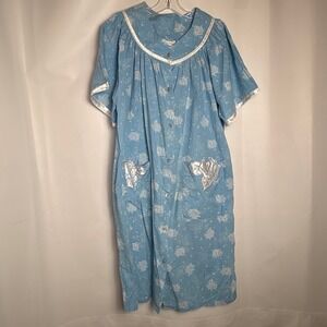 Kelly Reed Vtg Blue Floral Snap Front House Dress Nightgown Medium Rose Print